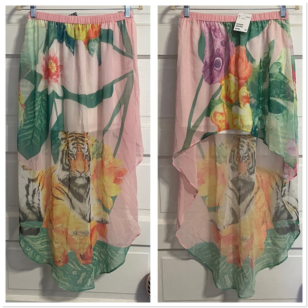 High Low Sheer Fabric Pink Tiger Print Skirt
